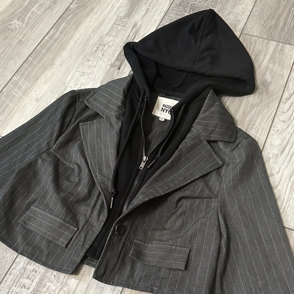 Women’s Two-in-One Black Pinstripe Cropped Jacket with Hood - Picture 4 of 5